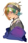  1boy aqua_hair black_collar black_shirt blonde_hair blue_hair collar earrings green_hair iida_rintarou jacket jewelry lip_piercing male_focus multicolored_hair multiple_earrings okami_game_(werewolf) open_mouth orange_hair piercing purple_eyes purple_jacket red_hair shirt short_hair solo user_kuwk3885 