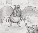  ambiguous_gender angry anthro armor avian beak belly big_belly castle duo felid feral greyscale_background gryphon lasso leopard male mammal mythological_avian mythology on_two_legs open_mouth overweight pantherine restraints sketch spread_wings thatgryphonguy tongue wings 