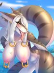  absurd_res anthro big_breasts big_butt breasts butt female fish fufik[pufik] gold_(metal) hair hi_res marine narrowed_eyes nipple_piercing nipples nude outside piercing shark shark_tail sky solo summer tattoo tongue tongue_out tongue_piercing water white_hair yellow_eyes 