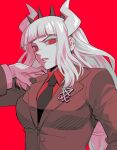  1girl absurdres black_jacket black_necktie crown demon demon_girl demon_horns gloves helltaker highres hjoe8 horns jacket long_hair looking_at_viewer lucifer_(helltaker) mole mole_under_eye necktie office_lady red_background red_eyes red_shirt shirt white_gloves white_hair white_horns 