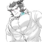  1boy bara body_markings broken_horn bursting_pectorals collared_shirt demon_boy demon_horns facial_hair fang from_below frown horns large_pectorals long_sideburns looking_at_viewer male_focus mature_male mugi_(pixiv_187163) muscular muscular_male partially_unbuttoned pectoral_cleavage pectorals red_eyes shirt short_hair sideburns solo spot_color stubble takemaru_(housamo) thick_eyebrows tokyo_afterschool_summoners upper_body 