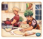  2boys absurdres all_might apron artist_name baking bakugou_katsuki black_shirt blonde_hair body_freckles boku_no_hero_academia cabinet calendar_(object) commentary cookie_cutter english_commentary freckles green_eyes green_hair habkart hat heart highres holding holding_tray indoors kitchen looking_at_another male_focus microwave midoriya_izuku multiple_boys open_mouth orange_apron oven_mitts pink_apron red_eyes red_shirt rolling_pin santa_costume santa_hat scar scar_on_hand shirt short_hair short_sleeves sink spiked_hair standing stove t-shirt tray wooden_spoon 