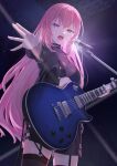  1girl absurdres black_bra black_jacket black_skirt black_thighhighs blue_eyes bra breasts buttons cowboy_shot electric_guitar garter_straps guitar highres holding holding_instrument instrument jacket long_hair looking_at_viewer medium_breasts megurine_luka microphone open_hand open_mouth outstretched_arm pink_hair sidelocks skirt solo stage_lights sweatdrop teeth thighhighs underwear upper_teeth_only vocaloid vs0mr 
