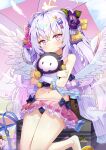  1girl angel_wings azusa_(blue_archive) azusa_(swimsuit)_(blue_archive) blue_archive blush flat_chest hair_between_eyes halo highres holding holding_stuffed_toy long_hair looking_at_viewer navel official_alternate_costume pink_eyes solo stuffed_toy taku_michi white_hair white_wings wings yellow_halo 