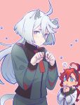  ! 2girls ahoge animal_ear_fluff animal_ears bangs cat_ears cat_girl cat_tail closed_mouth commentary_request green_jacket grey_eyes grey_hair gundam gundam_suisei_no_majo hair_between_eyes highres jacket kemonomimi_mode long_hair long_sleeves miorine_rembran multiple_girls nakaya_(drwh7757) outline own_hands_together parted_lips pink_background red_eyes red_hair simple_background spoken_exclamation_mark suletta_mercury tail very_long_hair white_jacket white_outline 