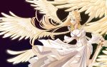  1girl absurdres angel_wings black_background blonde_hair blue_eyes breasts douluo_dalu dress floating_hair glowing glowing_sword glowing_weapon highres holding holding_sword holding_weapon leg_up long_hair long_sleeves medium_breasts parted_lips qian_renxue_(douluo_dalu) solo sword teeth upper_body weapon white_dress wing_hair_ornament wings zhishi_xiao_zhu_la 