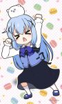  &gt;_&lt; 1girl :&lt; angora_rabbit animal animal_on_head arm_up black_skirt blue_bow blue_footwear blue_hair blue_vest bow chibi closed_eyes commentary_request facing_viewer full_body gochuumon_wa_usagi_desu_ka? hair_between_eyes hair_ornament hand_up highres kafuu_chino long_hair long_sleeves mitya on_head open_mouth outline parody_request polka_dot polka_dot_background puffy_long_sleeves puffy_sleeves rabbit rabbit_house_uniform shirt shoes simple_background skirt sleeves_past_wrists socks standing tippy_(gochiusa) triangle_mouth twitter_username uniform very_long_hair vest waitress white_background white_outline white_shirt white_socks x_hair_ornament 