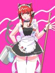  1girl alternate_costume apron blunt_bangs braid breasts bright_pupils bucket buttons collarbone commentary_request cowboy_shot enmaided extra_ears fang frills hand_on_own_hip highres holding holding_bucket holding_mop kaenbyou_rin komeiji_koishi komeiji_satori large_breasts long_hair looking_at_viewer low_twin_braids maid maid_headdress mop nekomata open_mouth outstretched_hand pointy_ears raised_eyebrow red_eyes red_hair reiuji_utsuho saya_marochan solo thigh_gap thighhighs touhou twin_braids waist_apron white_apron white_pupils white_thighhighs wrist_cuffs 