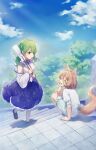  2girls absurdres animal_ears bare_shoulders black_footwear blonde_hair blue_skirt day detached_sleeves fox_ears fox_tail frog_hair_ornament green_eyes green_hair green_ribbon hair_ornament highres japanese_clothes kochiya_sanae kudamaki_tsukasa long_hair multiple_girls nontraditional_miko open_mouth outdoors ribbon romper shoes short_hair short_sleeves sitting skirt snake_hair_ornament socks tail toori_sototo touhou tree white_romper white_sleeves white_socks wide_sleeves 