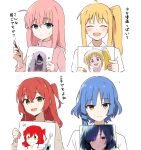  4girls :d ahoge amogan blue_hair blush bocchi_the_rock! detached_ahoge expressionless gotoh_hitori highres holding holding_paintbrush holding_paper ijichi_nijika jacket kita_ikuyo mole mole_under_eye multiple_girls one_side_up open_mouth paintbrush paper pink_hair pink_jacket pink_track_suit red_hair self-portrait side_ponytail smile sweatdrop translation_request yamada_ryo 