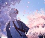  1boy anime_coloring blazer blue_sky blurry blurry_background blurry_foreground boku_no_hero_academia burn_scar buttons cel_shading cherry_blossoms cherry_tree collared_shirt double_horizontal_stripe dress_shirt dutch_angle eyes_visible_through_hair falling_petals floating_clothes floating_hair floating_neckwear flower grey_eyes grey_jacket hand_up highres holding_strap jacket lapels long_sleeves looking_to_the_side makuro male_focus multicolored_hair necktie notched_lapels open_clothes open_jacket outdoors parted_lips petals pink_flower red_hair red_necktie scar scar_on_face school_uniform shirt short_hair shoulder_strap sideways_mouth sky solo split-color_hair straight_hair todoroki_shouto tree_shade turning_head two-tone_hair u.a._school_uniform white_hair white_shirt wind wing_collar 