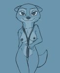  anthro bikini blue_background breasts clothing disney exposed_breasts female flashing looking_at_viewer mammal mrs._otterton mustelid nipples otter presenting simple_background smug solo standing swimwear tggeko zootopia 