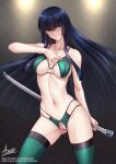  1girl adsouto black_hair blue_eyes breasts collarbone hand_on_own_chest highres holding holding_sword holding_weapon kill_la_kill kiryuuin_satsuki lingerie long_hair medium_breasts navel sheath sheathed signature solo standing sword underwear very_long_hair weapon 