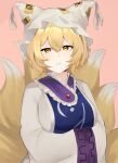  1girl animal_ears blonde_hair breasts dress fox_ears fox_tail hair_between_eyes hands_in_opposite_sleeves hat highres large_breasts looking_at_viewer majime_joe mob_cap multiple_tails open_mouth pink_background short_hair simple_background sleeves_past_fingers sleeves_past_wrists solo tabard tail touhou upper_body white_dress white_headwear wide_sleeves yakumo_ran yellow_eyes 