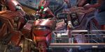  1boy 3d aaronhanart absurdres blurry blurry_foreground char&#039;s_counterattack char_aznable damaged dirty english_commentary gundam hangar helmet highres machinery mecha mobile_suit neo_zeon realistic robot sazabi upper_body 