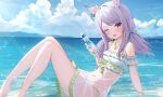  1girl absurdres animal_ears bare_shoulders barefoot bikini blush bottle cloud collarbone groin highres holding holding_bottle horse_ears horse_girl light_purple_hair long_hair looking_at_viewer mejiro_mcqueen_(umamusume) navel ocean one_eye_closed open_mouth outdoors purple_eyes ramune rei_(ilust9999) see-through smile solo swimsuit umamusume water water_drop white_bikini 