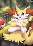  anthro areola big_breasts braixen breasts emoji female fingers forest forest_background fur generation_6_pokemon genitals grey_body grey_fur hi_res nature nature_background nintendo nipples orange_areola orange_nipples plant pokeball pokemon pokemon_(species) pussy red_body red_eyes red_fur smile solo stick text tree white_body white_fur yakukage yellow_body yellow_fur 