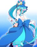  1girl ankle_bow back back_bow blue_background blue_bow blue_eyes blue_hair blue_pantyhose bow brooch bun_cover cone_hair_bun cure_spicy delicious_party_precure dress earrings fuwa_kokone gloves gradient_background green_eyes hair_bow hair_bun hair_ornament heart heart_brooch highres huge_bow jewelry long_hair looking_at_viewer magical_girl medium_dress pam-pam_(precure) pantyhose precure side_ponytail smile triple_bun usoco very_long_hair white_gloves white_stripes wide_ponytail 