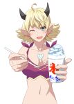  1girl ;d ahoge bikini blonde_hair blue_eyes breasts chest_jewel cleavage earrings food holding holding_food holding_spoon horns jewelry kageyasu kora_(xenoblade) navel one_eye_closed pointy_ears purple_bikini shaved_ice short_hair simple_background smile solo spoon stomach swimsuit upper_body white_background xenoblade_chronicles_(series) xenoblade_chronicles_2 