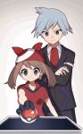  1boy 1girl bandana black_gloves black_jacket black_pants blue_hair brown_hair closed_mouth collarbone crossed_arms gloves grey_eyes highres holding holding_poke_ball jacket jewelry long_sleeves looking_at_object may_(pokemon) medium_hair necktie pants poke_ball poke_ball_(basic) pokemon red_bandana red_necktie red_shirt ring shirt short_hair short_sleeves smile steven_stone table v-shaped_eyebrows white_shirt wing_collar yuihico 