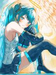  1girl :t armpits black_sleeves black_thighhighs blue_eyes blue_hair blush boots breasts collared_shirt detached_sleeves feathered_wings foot_out_of_frame from_side halo hatsune_miku hugging_own_legs knee_up long_hair long_sleeves looking_at_viewer pout shirt shirubaa sidelocks sitting skindentation sleeveless sleeveless_shirt small_breasts solo swept_bangs thigh_boots thighhighs twintails v-shaped_eyebrows vocaloid white_shirt white_wings wings zettai_ryouiki zipper 