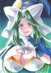 1girl alternate_costume blue_capelet bow breasts capelet corset gloves green_eyeliner green_eyes green_hair hand_on_own_chin hat highres huge_bow large_breasts long_hair mima_(touhou) nemonadi open_mouth smile solo sun_print touhou touhou_(pc-98) white_corset wizard_hat 