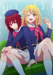  +_+ 2girls absurdres arima_kana blonde_hair blue_headwear blue_jacket bob_cut closed_mouth girugiru_(tektonics6588) happy hat highres hoshino_ruby jacket multiple_girls oshi_no_ko pink_ribbon red_eyes red_hair ribbon school_uniform short_hair smile socks white_socks youtou_high_school_uniform 