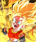  1girl black_gloves blonde_hair blue_eyes clenched_hands dragon_ball dragon_ball_gt fingerless_gloves gloves midriff navel open_mouth pan_(dragon_ball) red_shirt rom_(20) shirt short_hair short_sleeves solo super_saiyan teeth 