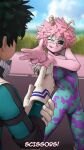  1boy 1girl ashido_mina biting_tongue black_sclera blue_bodysuit blue_sky blurry blurry_background bodysuit boku_no_hero_academia bulge cloud colored_sclera colored_skin commentary cropped_jacket english_commentary english_text from_behind fur_trim futanari gloves grass greatm8 green_bodysuit green_hair hand_up highres holding_own_arm horns looking_at_another mask mask_around_neck midoriya_izuku one_eye_closed outdoors outstretched_hand photoshop_(medium) pink_hair pink_skin purple_bodysuit short_hair sky source_filmmaker_(medium) spiked_hair subtitled unitard white_gloves white_mask yellow_eyes yellow_horns 