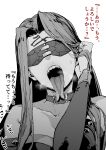  1girl choker facial_mark fate/stay_night fate_(series) forehead forehead_mark forked_tongue highres long_hair long_tongue medusa_(fate) medusa_(rider)_(fate) monochrome oosawara_sadao portrait sharp_teeth simple_background teeth tongue tongue_out translation_request 