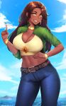  1girl absurdres aircraft airplane belt belt_buckle bracelet breasts brown_hair buckle cleavage cloud commission cowboy_shot dark-skinned_female dark_skin day denim earrings giant giantess green_eyes hand_on_own_hip highres jeans jewelry koarujpg large_breasts long_hair midriff mole mole_under_mouth mountain nachelle_(strykewitch) navel original outdoors pants smile solo teeth 