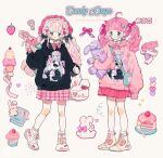  2girls ? ahoge animal_bag bag bandaged_ear banner black_bow black_hoodie blonde_hair blue_bag blue_eyes blue_mask blush_stickers bonnet bow bowtie cake cake_slice character_print cherry closed_mouth collared_shirt commentary cross-laced_footwear cupcake english_commentary english_text expressionless eyelashes eyepatch fashion food fork frilled_hat frills frown fruit full_body gradient_hair hair_bow hair_ornament hair_ribbon hairclip handbag hat heart heart_hair_ornament holding holding_bag holding_stuffed_toy holding_water_gun hood hood_down hoodie ice_cream ice_cream_cone long_hair long_sleeves looking_ahead mask mask_around_neck medical_eyepatch miniskirt mouth_mask multicolored_hair multiple_girls original pink_bow pink_bowtie pink_footwear pink_hair pink_headwear pink_hoodie pink_ribbon pink_skirt plaid plaid_skirt plate pleated_skirt price_tag puffy_long_sleeves puffy_sleeves putong_xiao_gou red_lips ribbon shirt shoes shoulder_bag skirt sleeves_past_fingers sleeves_past_wrists sneakers socks sparkle straight-on strawberry stuffed_animal stuffed_rabbit stuffed_toy traditional_bowtie twintails two-tone_footwear water_gun wavy_hair white_background white_bag white_footwear white_shirt white_socks 
