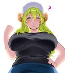  1girl ;o ? aa2mee absurdres baseball_cap black_shirt blue_shorts blush breasts covered_navel demon_girl demon_horns english_commentary from_below green_eyes green_hair hat highres horns huge_breasts kobayashi-san_chi_no_maidragon long_hair looking_at_viewer looking_down lucoa_(maidragon) one_eye_closed open_mouth shirt shorts simple_background solo white_background white_headwear 