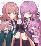  2girls black_gloves black_ribbon blush boots braid brown_hair buttons closed_mouth crossover danganronpa:_trigger_happy_havoc danganronpa_(series) danganronpa_2:_goodbye_despair dress_shirt feet_out_of_frame galaga gloves green_shirt green_thighhighs hair_ornament hair_ribbon handheld_game_console highres holding holding_handheld_game_console identity_v jacket kirigiri_kyoko knees_up long_hair long_sleeves medium_hair multiple_girls nanami_chiaki neck_ribbon open_clothes open_jacket over-kneehighs pink_eyes pink_hair pink_ribbon purple_jacket ribbon shirocha_tei shirt side_braid sitting smile sticker sweatdrop thighhighs white_shirt 