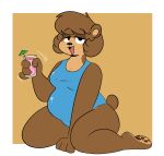  2020 3_toes 4_fingers anthro arm_support bangs barefoot bear bear_tail belly beverage biped black_eyebrows black_eyelashes black_eyes black_mouth black_nose blue_clothing blue_one-piece_swimsuit blue_swimwear border breasts brown_bear brown_body brown_ears brown_fur brown_hair brown_tail cleavage clothed clothed_anthro clothed_female clothing colored countershade_face countershade_feet countershade_fur countershade_neck countershade_torso countershading digital_drawing_(artwork) digital_media_(artwork) drink_umbrella eyebrow_through_hair eyebrows eyelashes feet female female_anthro fingers fur glistening glistening_clothing glistening_swimwear hair half-closed_eyes hi_res hindpaw holding_beverage holding_glass holding_object ice_cube kabula_(artist) kneeling looking_at_viewer mammal narrowed_eyes one-piece_swimsuit open_mouth open_smile orange_background overweight overweight_anthro overweight_female pawpads paws pink_lemonade pink_tongue round_ears round_tail short_tail simple_background smile solo swimwear swimwear_only tail tan_coun tan_inner_ear toes tongue translucent translucent_hair ursine white_border 