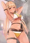  1girl armpits arms_behind_head ass_visible_through_thighs bikini black_bikini blonde_hair dark-skinned_female dark_skin grin gyaru hair_ornament highres kaminari_qpi long_hair looking_at_viewer miramira1908 multicolored_bikini multicolored_clothes multicolored_hair navel orange_bikini orange_eyes orange_hair shower_(place) shower_head showering side-tie_bikini_bottom smile solo speech_bubble stomach streaked_hair swimsuit thigh_strap twintails very_long_hair virtual_youtuber vspo! water wet white_bikini x_hair_ornament 