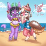  beach belly big_tail bulge canid canine canis clothing dessert domestic_dog donut_(misterdonut) doughnut food food_creature fur girly hair hi_res imp mammal misterdonut pawpads paws pink_body pink_fur seaside sprinkledog swimwear tail white_hair 