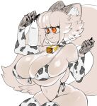  animal_print anthro big_breasts big_butt bikini blush blush_lines breasts butt catmaid_(cibastion) cibastion clothing cow_print cowbell domestic_cat felid feline felis female fur hair hi_res huge_breasts huge_butt huge_thighs mammal milk navel orange_eyes simple_background sitting smile solo swimwear tail thick_thighs white_body white_fur white_hair wide_hips 