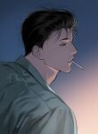  1boy bishounen black_eyes black_hair cigarette gradient_background green_shirt highres llll_100 looking_to_the_side male_focus mito_youhei open_mouth pompadour profile shirt short_hair slam_dunk_(series) solo upper_body 