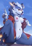  2023 agious anthro blue_body blue_fur breasts canid canine canis claws clothing cloud crystal exhibitionism female fur genitals hi_res looking_at_viewer mammal navel pussy robe sky solo text tongue tongue_out url white_body white_fur wolf yellow_eyes 
