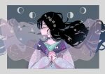  1girl black_choker black_hair black_nails blush bow choker closed_eyes frilled_sleeves frills from_side gradient_hair japanese_clothes kimono long_hair moon_phases multicolored_hair nanamiya_ten original own_hands_clasped own_hands_together shawl star_(symbol) starry_hair tanabata 