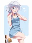  1girl :d ;d absurdres bare_arms bare_shoulders blue_eyes brown_footwear chinese_commentary commentary_request flip-flops grey_hair hair_between_eyes hair_over_shoulder heart highres honkai_(series) honkai_impact_3rd jewelry leg_up long_hair looking_at_viewer necklace one_eye_closed open_mouth overall_shorts overalls polka_dot sandals seashell shell shell_necklace side_ponytail sleeveless smile solo standing standing_on_one_leg theresa_apocalypse unique-blueberry white_background white_hair 