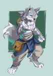  absurd_res anthro arm_tuft black_nose blue_bottomwear blue_clothing blue_eyes bottomwear canid cheek_tuft chest_tuft claws clothing elbow_tuft facial_tuft finger_claws full-length_portrait fur grey_body grey_fur head_tuft hi_res inner_ear_fluff kuttoyaki looking_at_viewer male mammal open_mouth pants portrait pupils red_tongue solo standing tan_bottomwear tan_clothing tan_pants tongue tuft white_body white_claws white_fur white_inner_ear_fluff white_pupils 