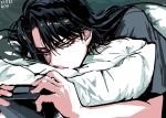  1boy alarm_clock artist_name black_hair clock closed_mouth commentary_request dated eyelashes fingernails frown grey_shirt holding_alarm_clock ichijou_seiya joukyou_seikatsuroku_ichijou kaiji long_hair looking_at_viewer lying male_focus medium_bangs on_stomach pillow red_eyes shirt solo unknown03162 upper_body 