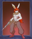  abs anthro biceps bottomwear bullelewds cape cinderace clothing footwear generation_8_pokemon grey_body hair hazby_o&#039;neil hi_res male melee_weapon nintendo notched_ear pants pokemon pokemon_(species) red_eyes red_hair solo sword tattoo weapon 