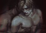  2boys artist_name bara closed_eyes closed_mouth folyxfanart jewelry large_pectorals leon_s._kennedy luis_sera male_focus multiple_boys muscular muscular_male nipples pectorals resident_evil resident_evil_4 resident_evil_4_(remake) ring short_hair topless_male tumblr_username upper_body yaoi 