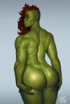  2023 absurd_res back_muscles big_butt bodily_fluids butt dialogue female green_body green_skin hair hi_res humanoid humanoid_pointy_ears justsomenoob muscular muscular_female not_furry nude orange_hair orc rear_view sweat sweaty_butt text tusks undercut 