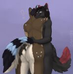  anthro black_body black_fur brown_body brown_fur butt canid canine canis davias00 digital_media_(artwork) duo embrace fur hair hand_on_butt hi_res hug male male/male mammal nude simple_background smile tail text wolf 