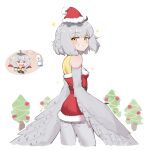  1girl bird_legs blush claws dress feathered_wings feathers grey_feathers grey_wings harpy hat highres looking_at_viewer mono_(sifserf) monster_girl original owl_girl santa_costume santa_dress santa_hat short_hair sifserf simple_background smile solo sparkle talons winged_arms wings yellow_eyes 