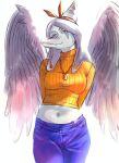  2023 amber_eyes anthro bottomwear bow_(feature) breasts clothing dark_rya denim denim_clothing digital_drawing_(artwork) digital_media_(artwork) dinosaur eyelashes fang_(gvh) feathered_wings feathers female goodbye_volcano_high grey_body grey_scales hair hands_behind_back hi_res jeans jewelry long_hair looking_at_viewer midriff navel necklace pants pterodactylus pterosaur reptile scales scalie silver_hair simple_background smile snoot_game_(fan_game) snout solo sweater topwear wings 